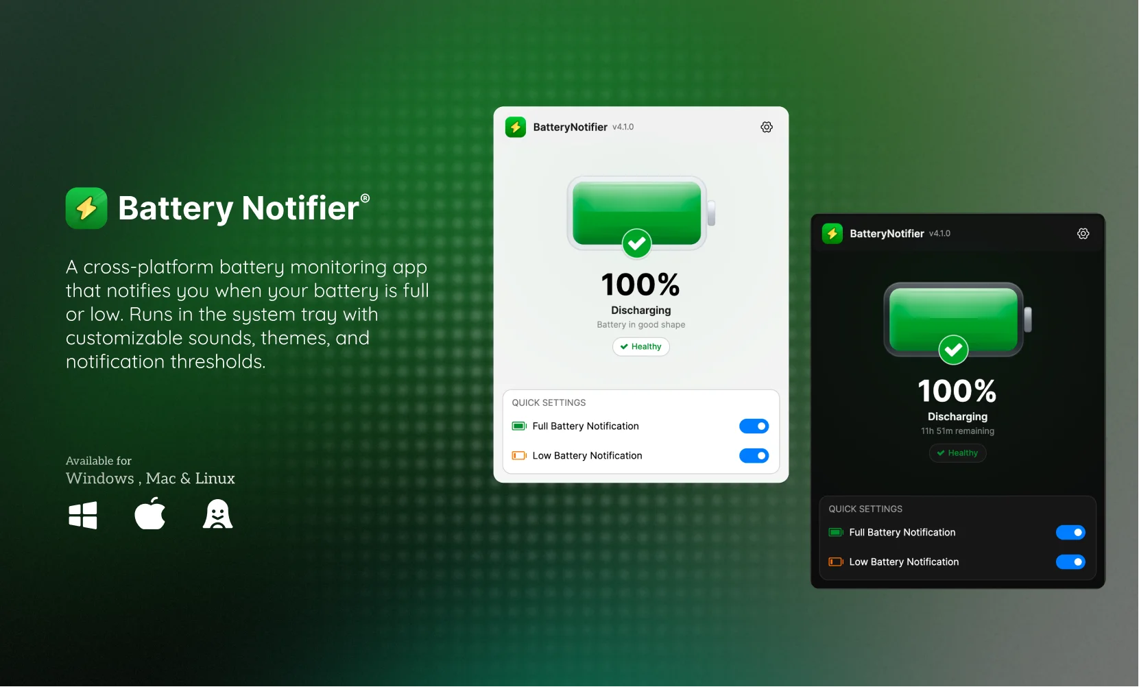 Battery Notifier — Free Battery Monitor & Alert App for Windows & macOS